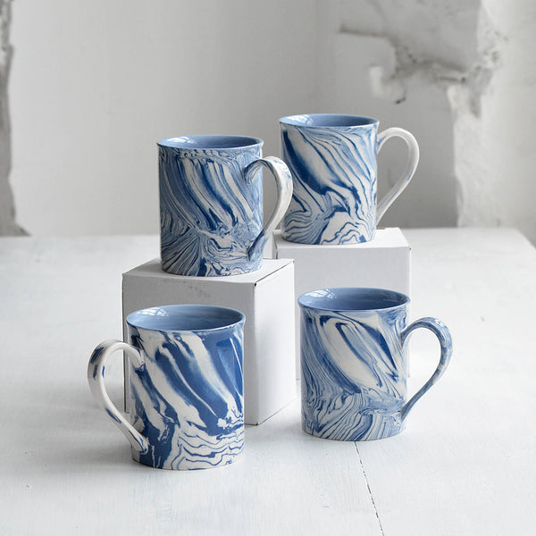 Nom Living - Ceramic Tea Coffee Mug Marbled Blue and White, Set of Four
