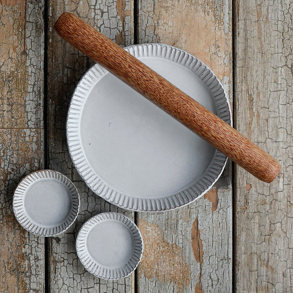 Stoneware Baking Essentials Set, pie, quiche, tart moulds, rolling pin - Nom Living