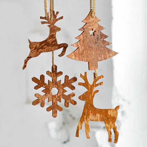 Cinnamon Wood Christmas Tree Decoration, Set of four