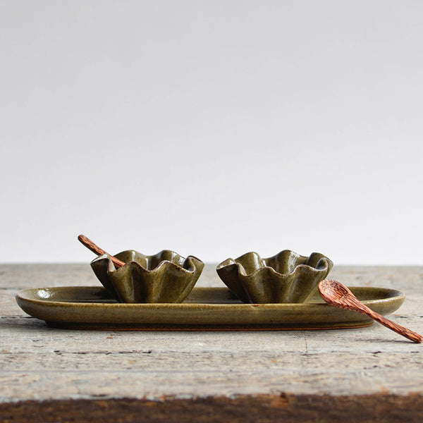 Ceramic Ruffled Condiment Set, Green - Nom Living