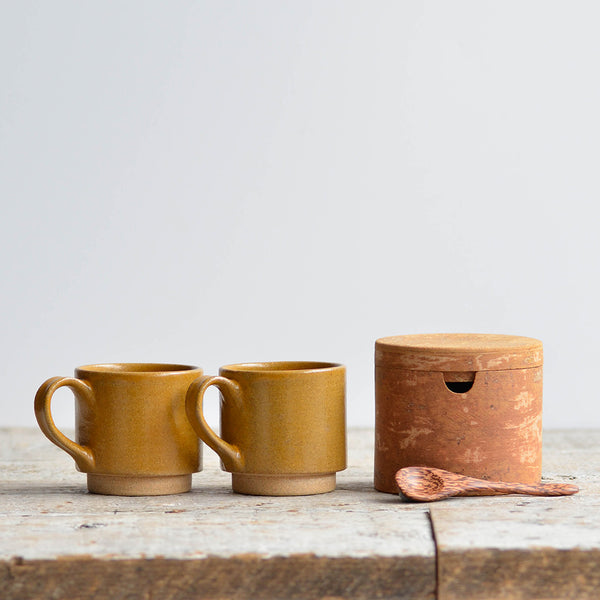 Stackable Espresso Cup & Cinnamon Wood Sugar Canister Set, Ochre
