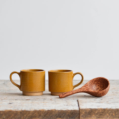 Stackable Espresso Set for Two & Wood Scoop, Ochre