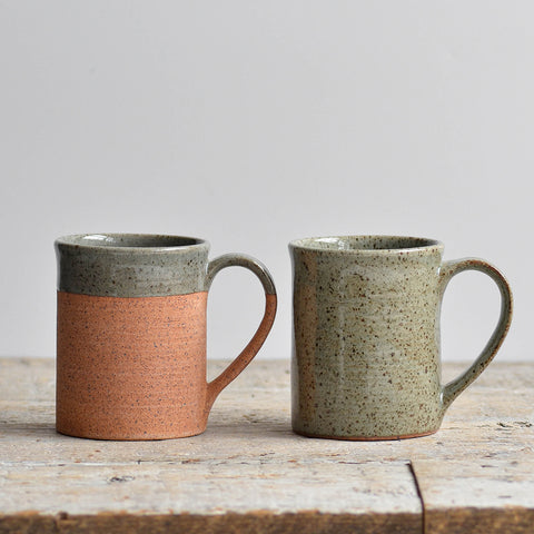 Pair Stoneware Mugs, Celadon Speckle & Unglazed
