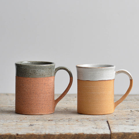 Pair of Stoneware Mugs, Unglazed Celadon & White