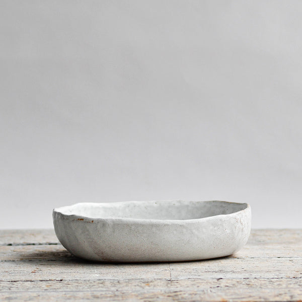 Ceramic Hand Moulded Oval Dish, Small, Snow White, Side View - Nom Living