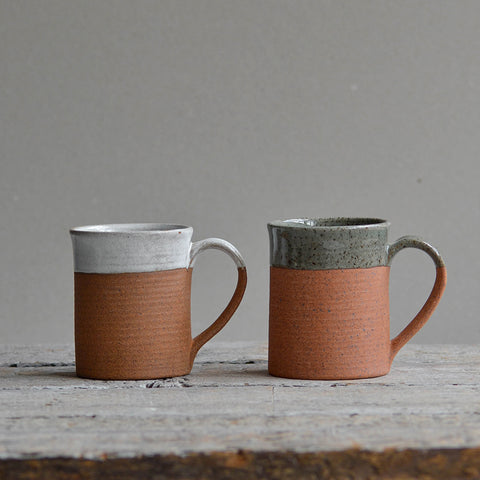 Pair of Stoneware Mugs, Unglazed Celadon & White