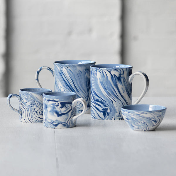 Marbled Ceramic Blue and White Tea Coffee Cup and Mug Set - Nom Living