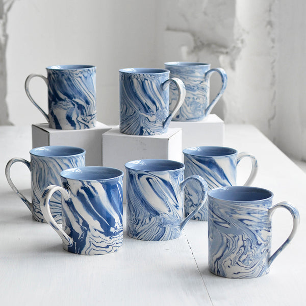 Nom Living - Ceramic Tea Coffee Mug Marbled Blue and White, Set of Eight