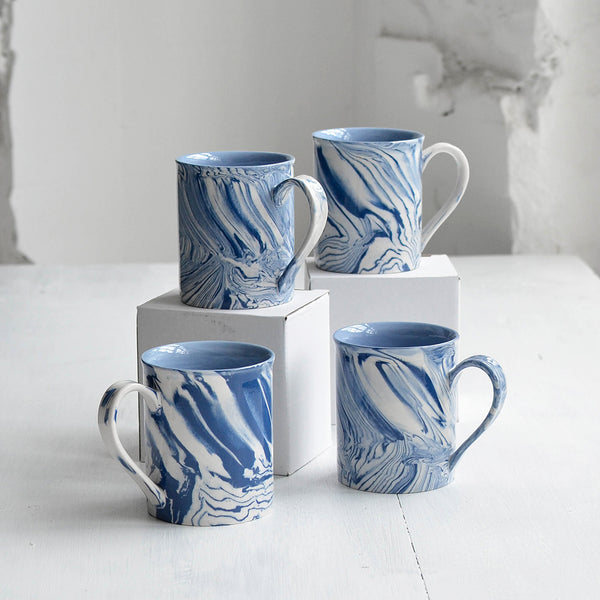 Nom Living - Ceramic Tea Coffee Mug Marbled Blue and White, Set of Four